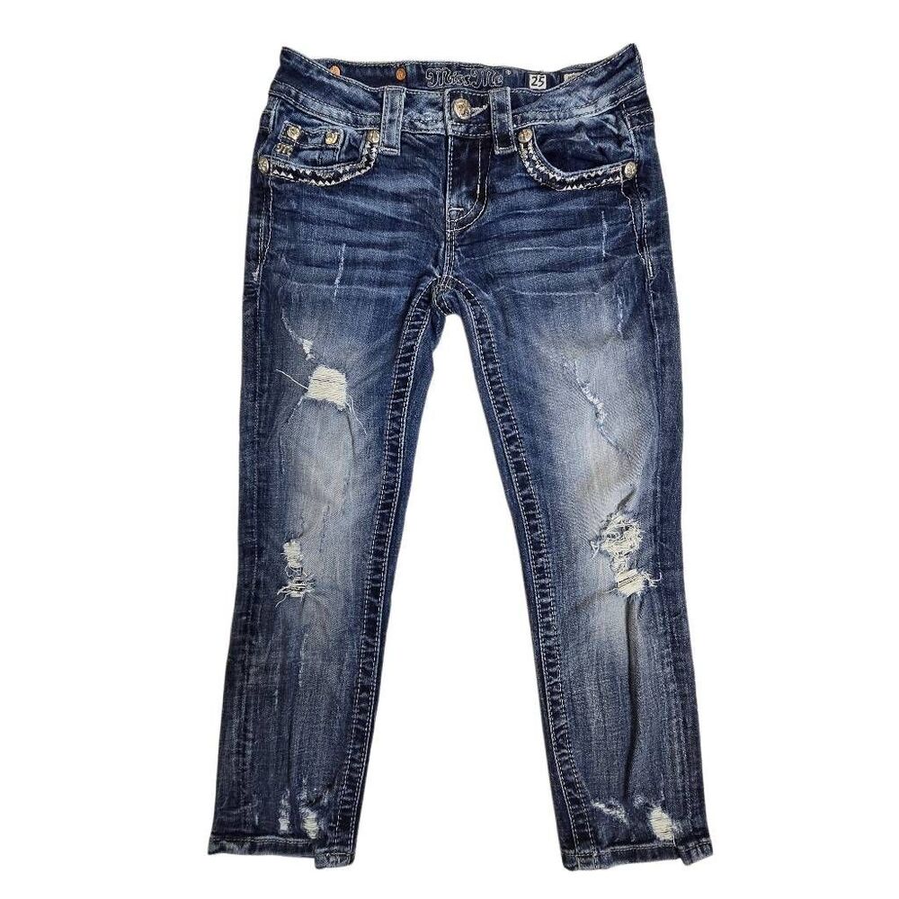 Miss Me Signature Cropped Jeans Distressed Embellished Flap Pocket Blue Sz 25